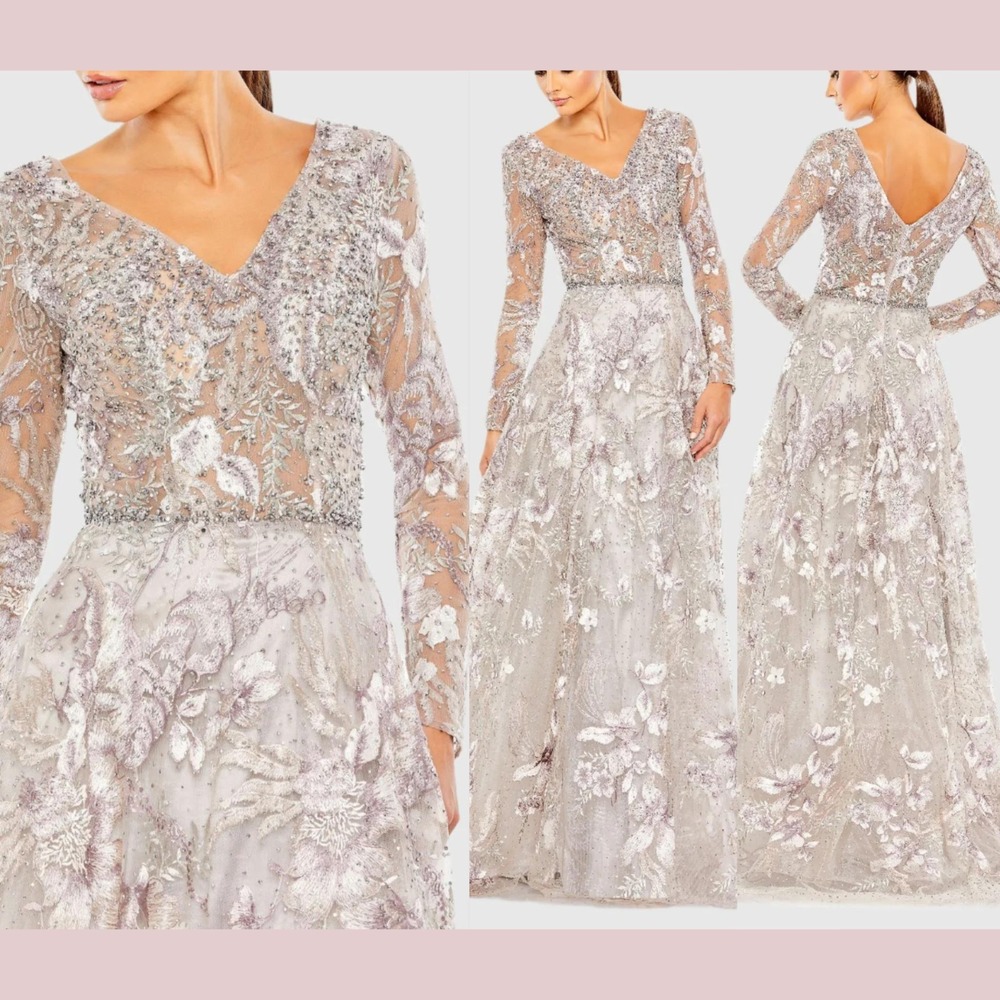 NWT‎ $798 Mac Duggal [ 12 ] 20214 Long Sleeve Beaded Appliqué Gown Lilac #J2270